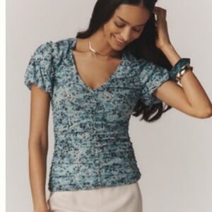 Anthropologie Blue Shirred Mesh Top NWT